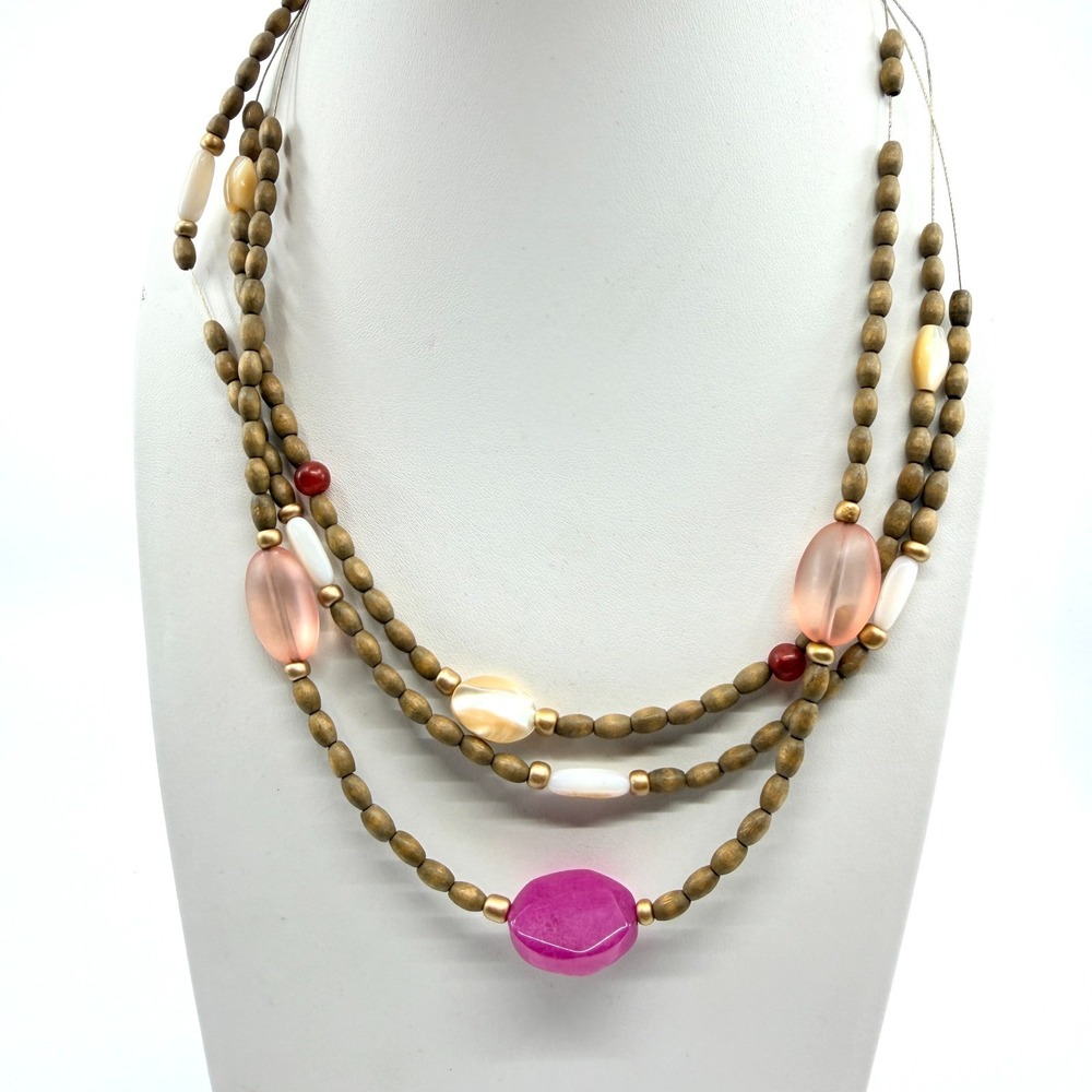 VTG Y2K Multi Strand Boho Wood Bead Necklace Pink Resin Mother of Pearl Accents